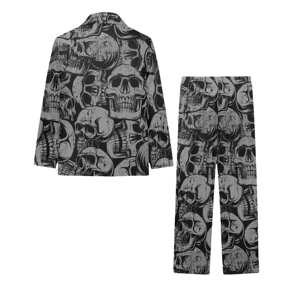 Black Skulls Big Boys V-Neck Long Pajama Set