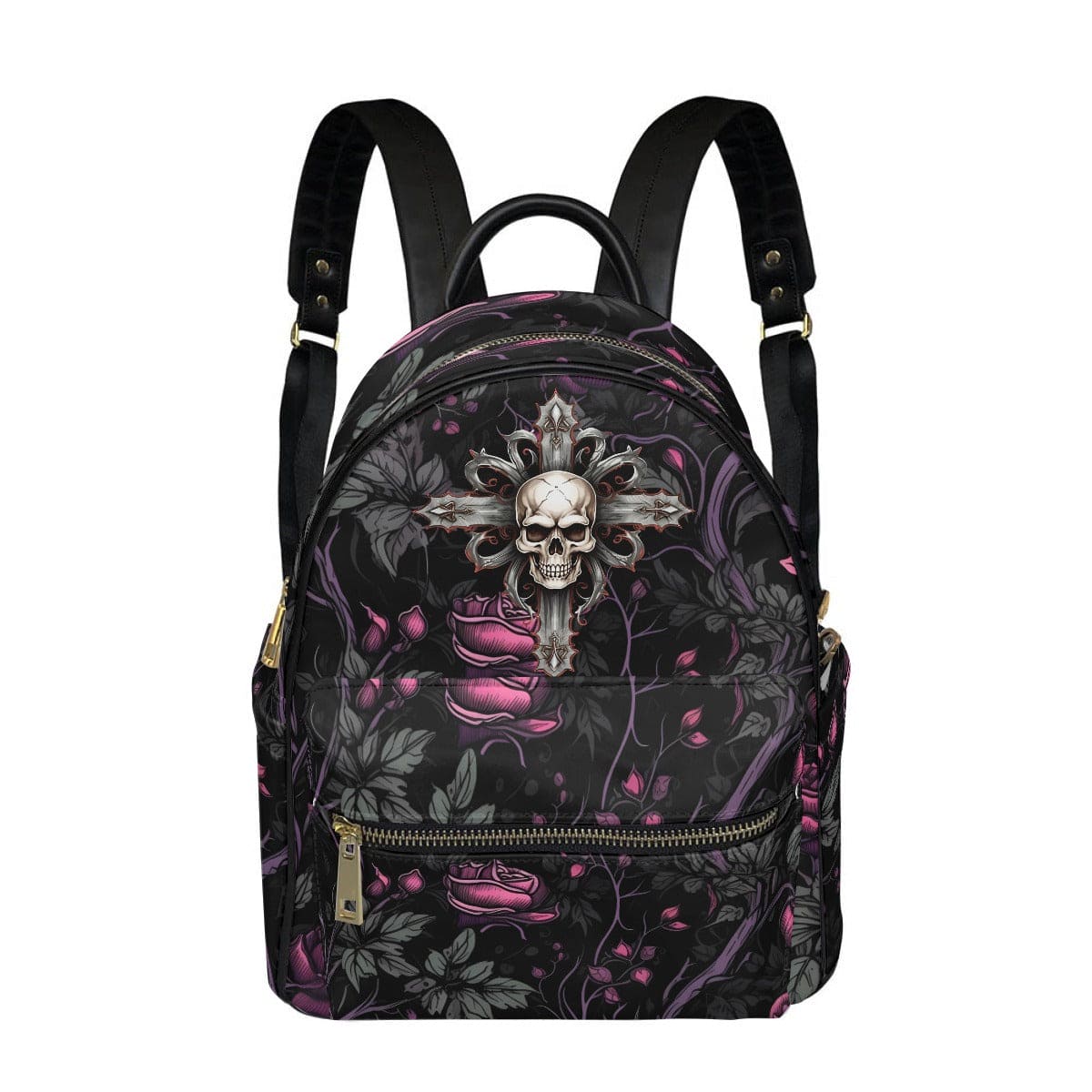 black mini backpack with flowers Gothic Pink Roses And Vines Skull Cross Small Size Backpack