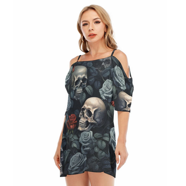 Women's Skulls Blue Flower Red Rose Off-shoulder Cami Dress