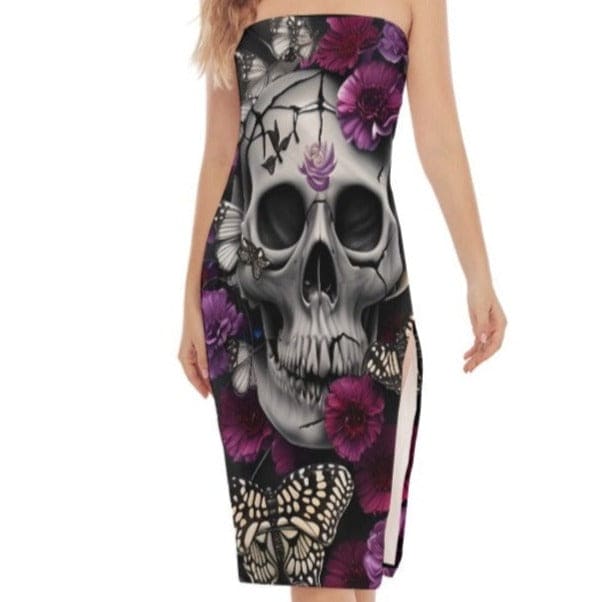 Purple Blossoms & Butterflies Elegant Women's Skull Tube Dress with Stylish Side Split XL / White Purple Blossoms & Butterflies Elegant Women's Skull Tube Dress with Stylish Side Split XL / White