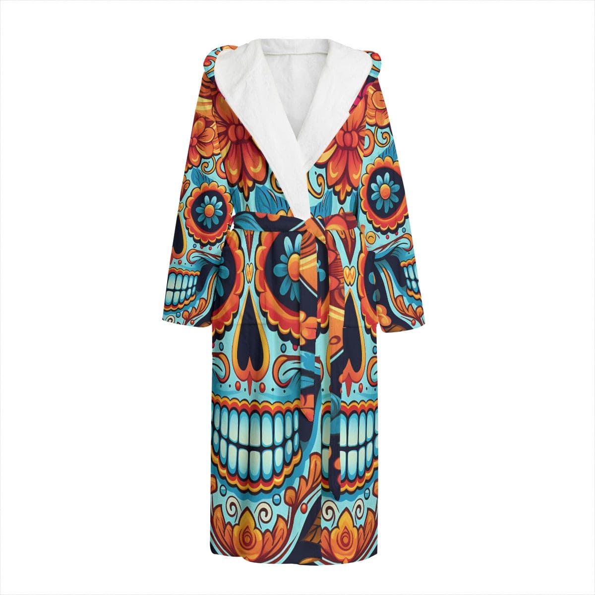 Women's Sugar Skull Flannel Hooded Bathrobe L / White Women's Sugar Skull Flannel Hooded Bathrobe L / White