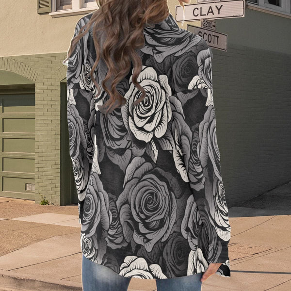 Women's Black & Gray Roses Cardigan With Long Sleeve