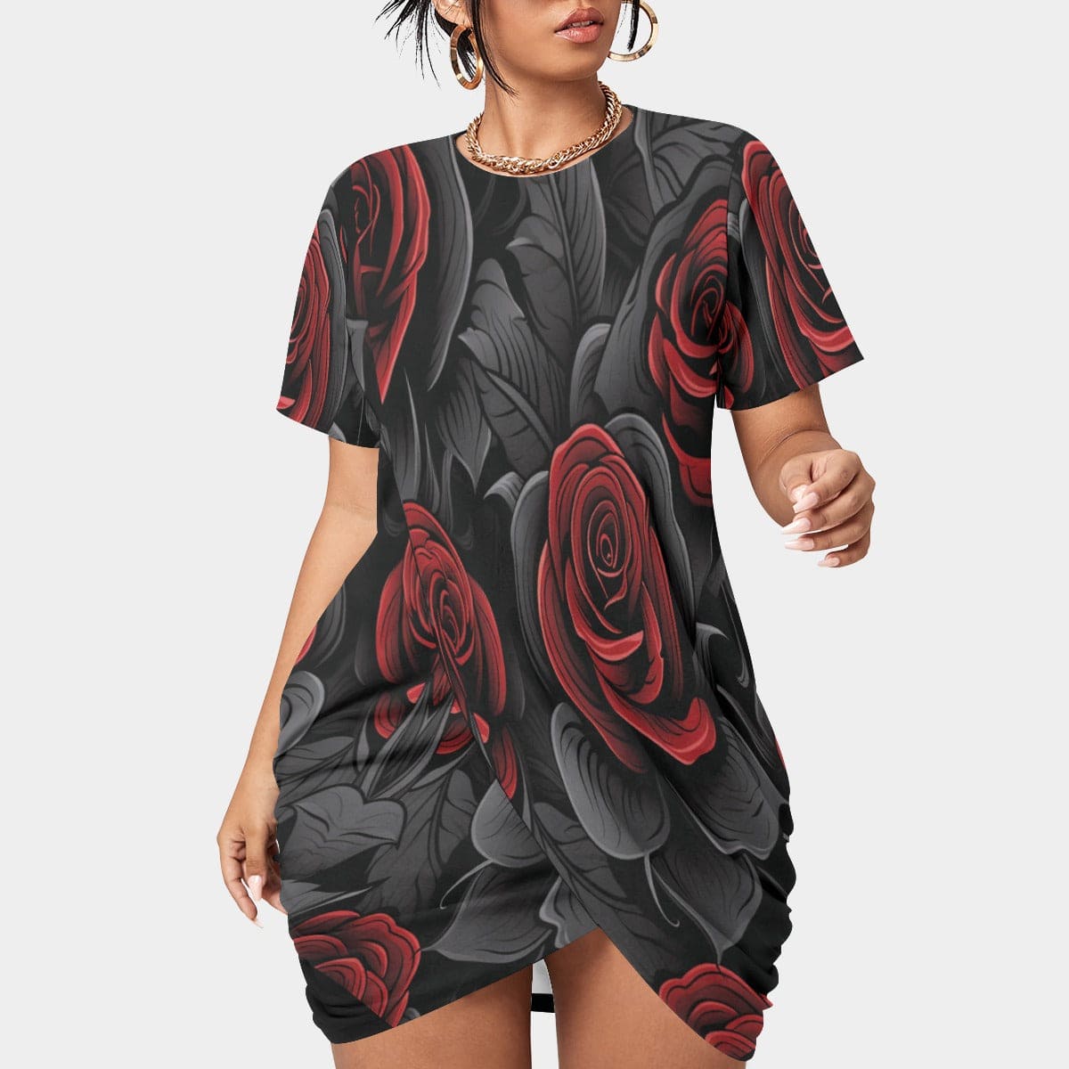 black dress with red roses plus size 1980's Black with red roses plus size maxi dress  Vida Antigua Collective