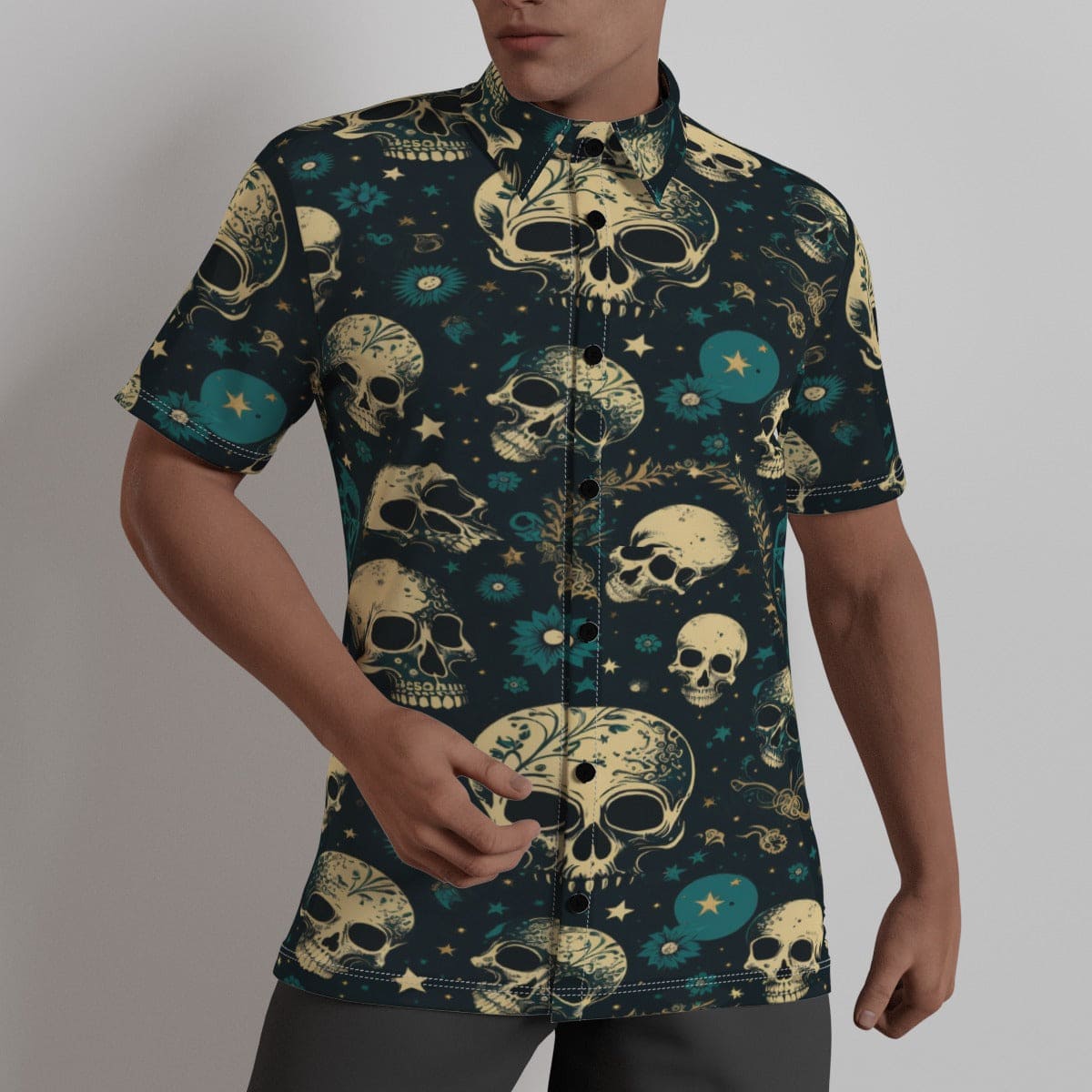 Men's Celestial Skulls Short Sleeve Dress Shirt 3XL / White Men's Celestial Skulls Short Sleeve Dress Shirt 3XL / White