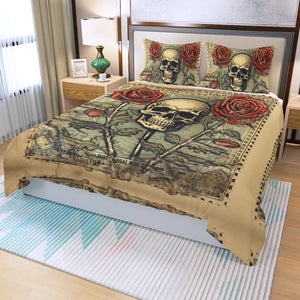 Vintage Skull And Roses Three Piece Duvet Cover Set
