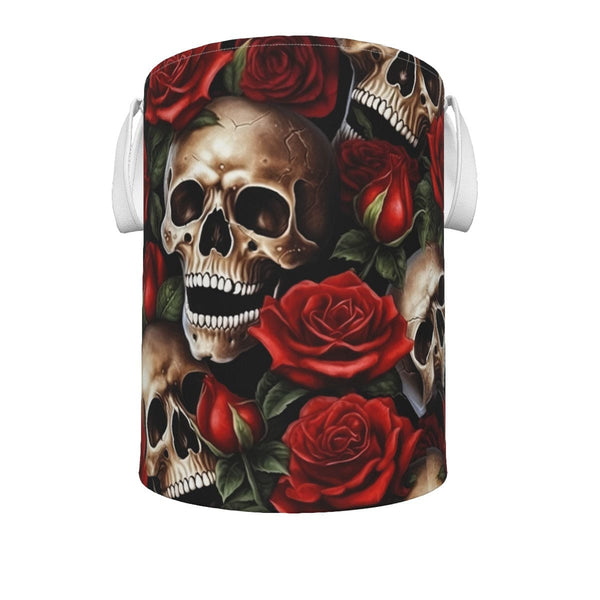 Smiling Skulls With Red Roses Foldable Laundry Basket
