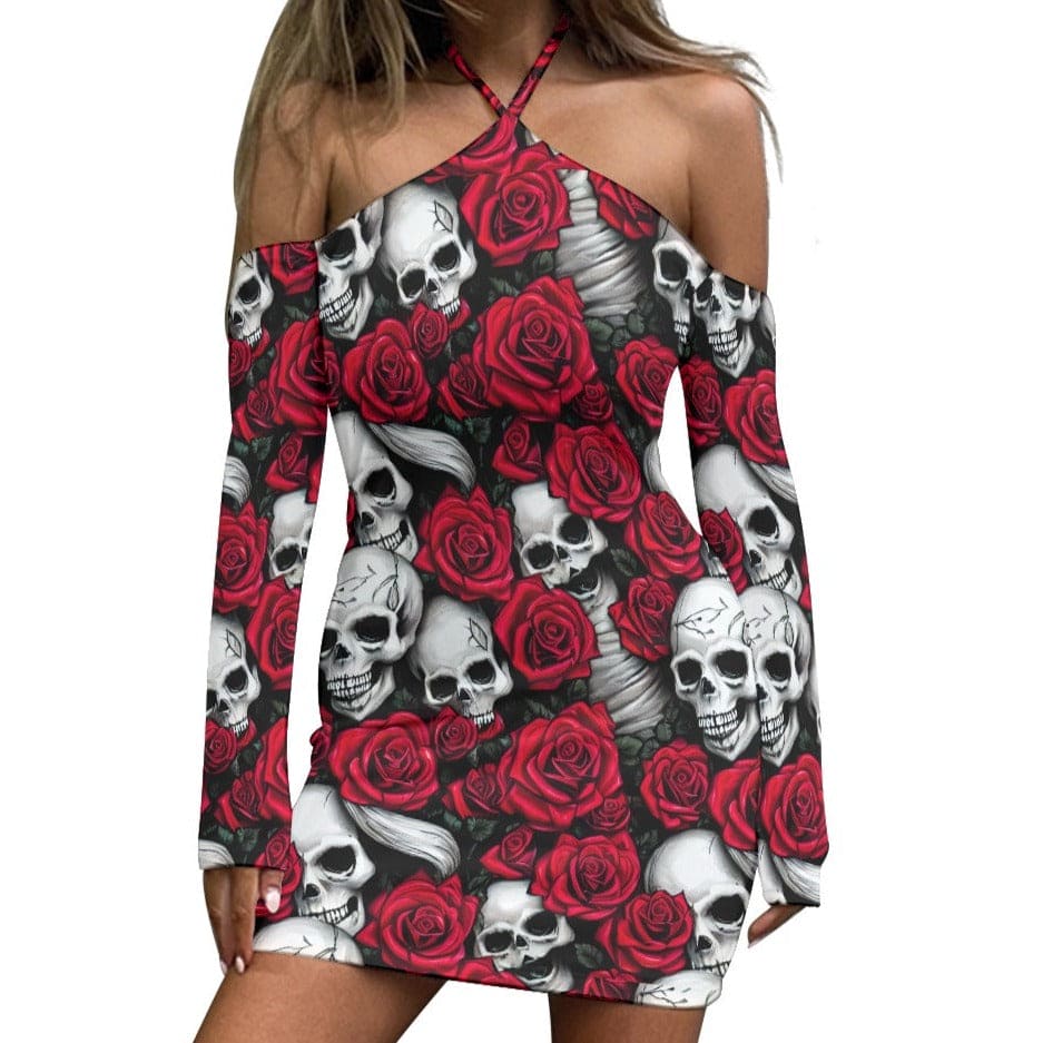 Women's Red Roses And Skulls Off Shoulder Halter Lace-up Dress XL / White Women's Red Roses And Skulls Off Shoulder Halter Lace-up Dress XL / White