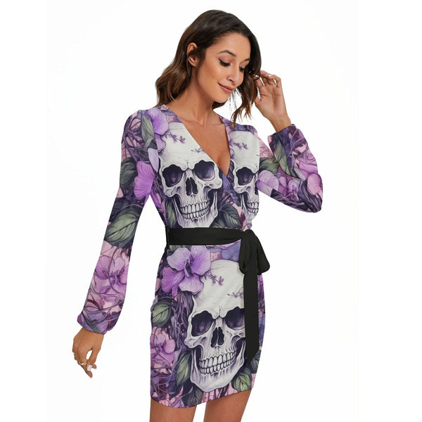 Women's Purple Floral Skulls Long Sleeve Dress With Waist Belt