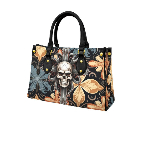 Women's Gothic Floral Skull Cross Tote Bag With Black Handle