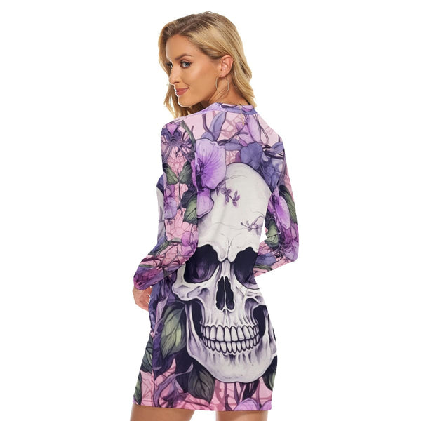 Women's Purple Flower Skull Zip Front Tight Dress