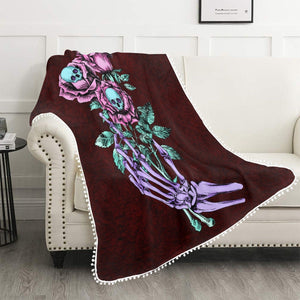 Gothic Skull Floral Hand Blanket Pom Pom Fringe Blanket 60"x80"