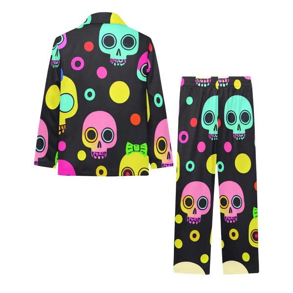 Colorful Skulls Long Sleeve Little Girls V-Neck Long Pajama Set