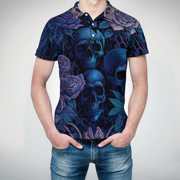 Men's Blue Skulls Floral Polo Shirt