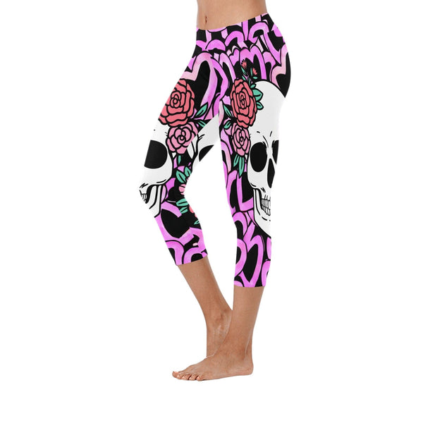 Our Skulls Floral Pink Hearts Women's Low Rise Capri Leggings Are Perfect For Any Occasion