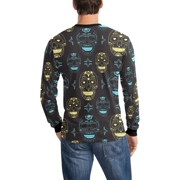 Men's Skull Monochrome Gold Blue Black Long Sleeve T-shirt