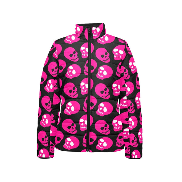 Bright Pink Skull Pattern Women's Stand Collar Padded Jacket
