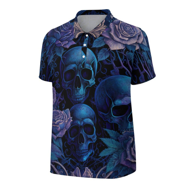 Men's Blue Skulls Floral Polo Shirt