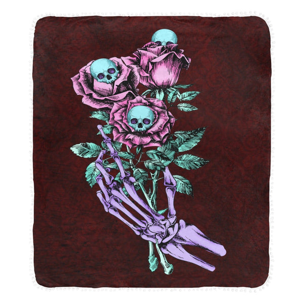 Gothic Skull Floral Hand Blanket Pom Pom Fringe Blanket 60"x80"