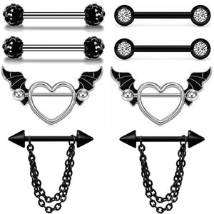 Stainless Steel Heart Black Angel Wing, Arrow with Chain, Nipple Piercing Set Stay at the top of style trends with this Stainless Steel Heart Black Angel Wing, Arrow with Chain, Nipple Piercing Set. Crafted from premium stainless steel, this set offers a sleek and stylish aesthetic that will stay looking its best. The versatile design and secure chain make this ideal for any nipple piercing.