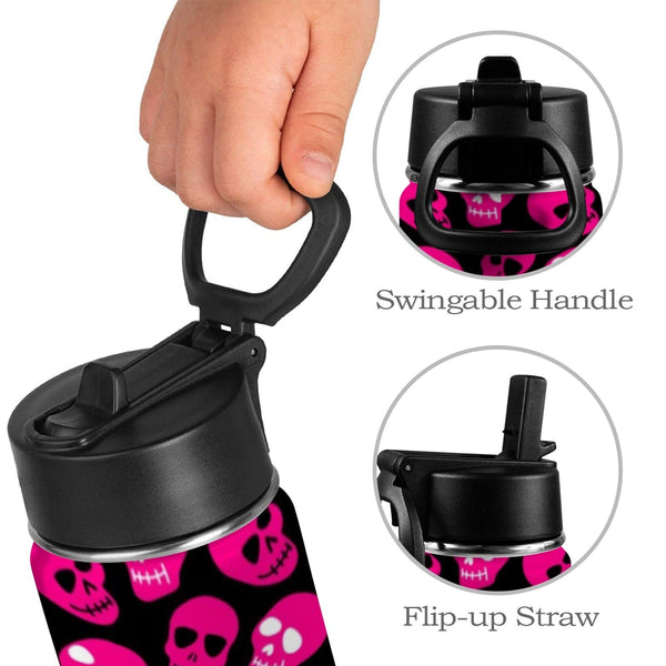 Kids Bright Pink Skull Pattern Water Bottle With Straw & Lid 12 oz