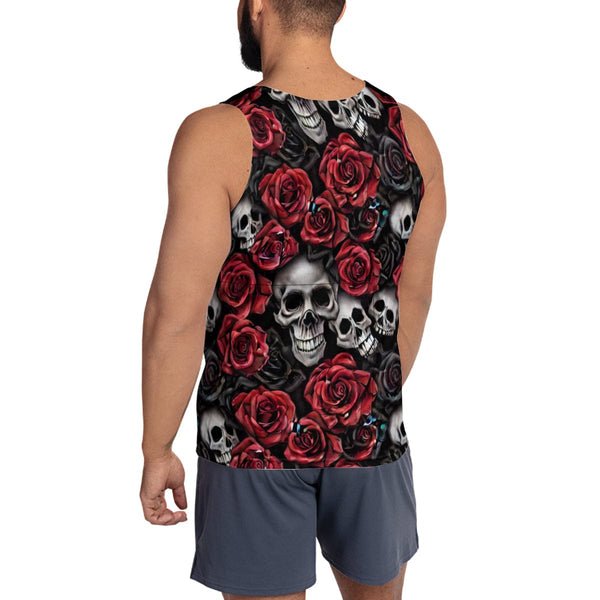 Men's Skull Red And Black Roses Tank Top