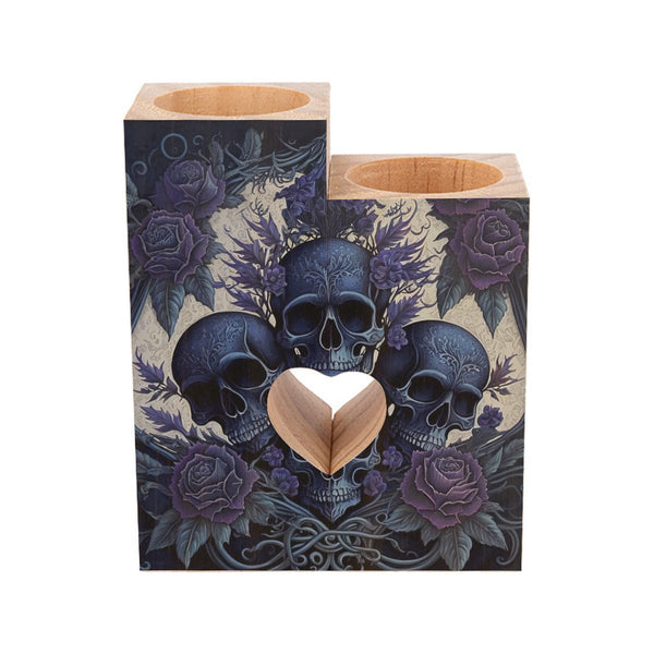 Skull Blue Floral Cork Wood Candle Holder
