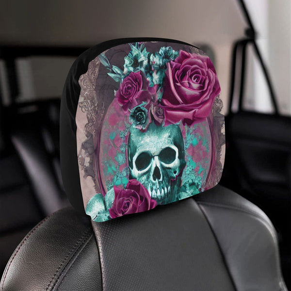 Skull Pink Floral Car Headrest Cover 2pcs