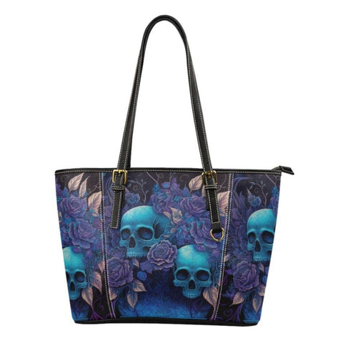 Blue Skulls Floral Small Leather Tote Bag