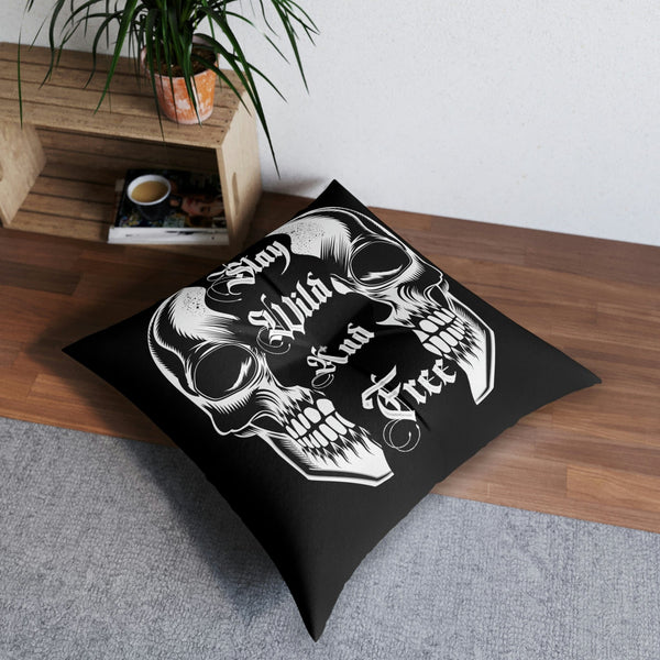 Skull Play Wild And Free Tufted Floor Pillow, Square 2 Sizes