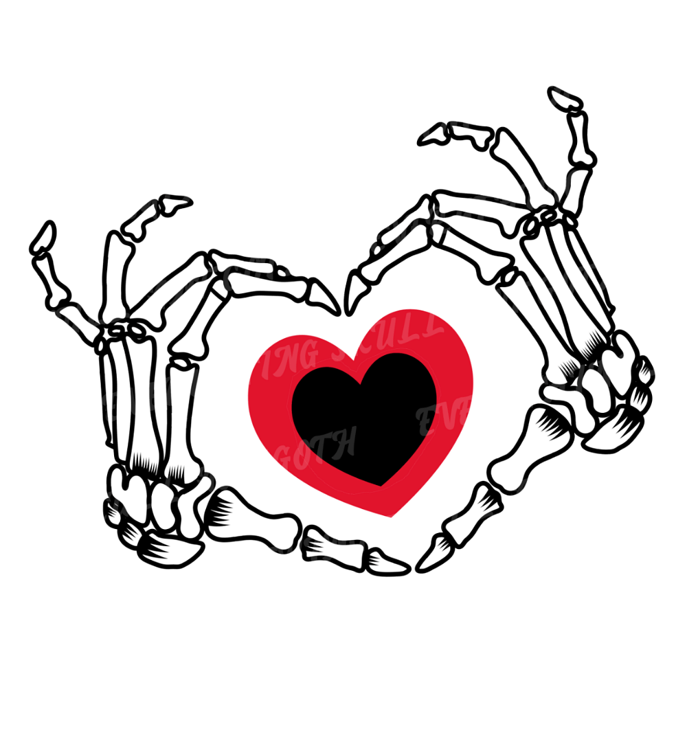 skeleton hand holding heart drawing