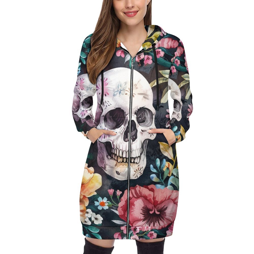 The Bold and Beautiful: Women's Hooded Sweatshirt Dress with Skull Floral Design and Long Sleeves