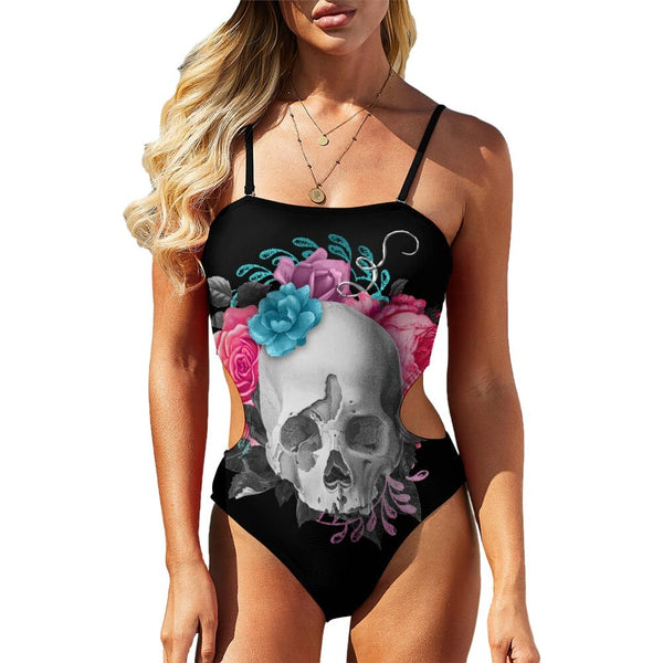 Women's Skull Floral Cutout Sides One Piece Bikini Swimsuit