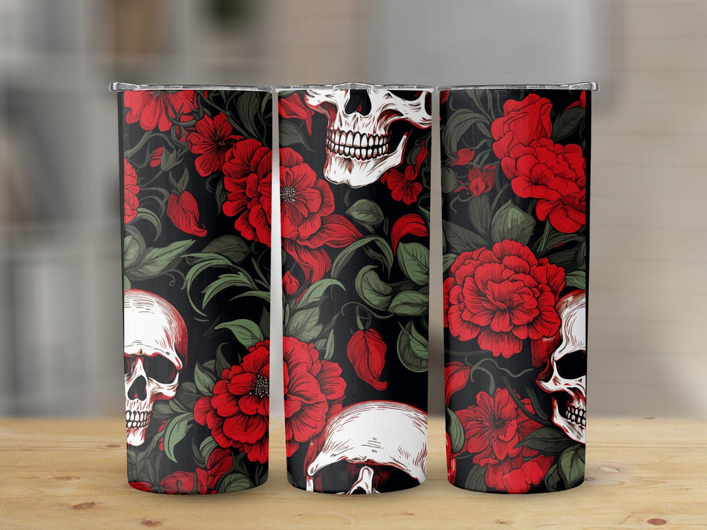 Skull Red Roses Stainless Steel 20oz Tumbler Travel Mug, Gothic