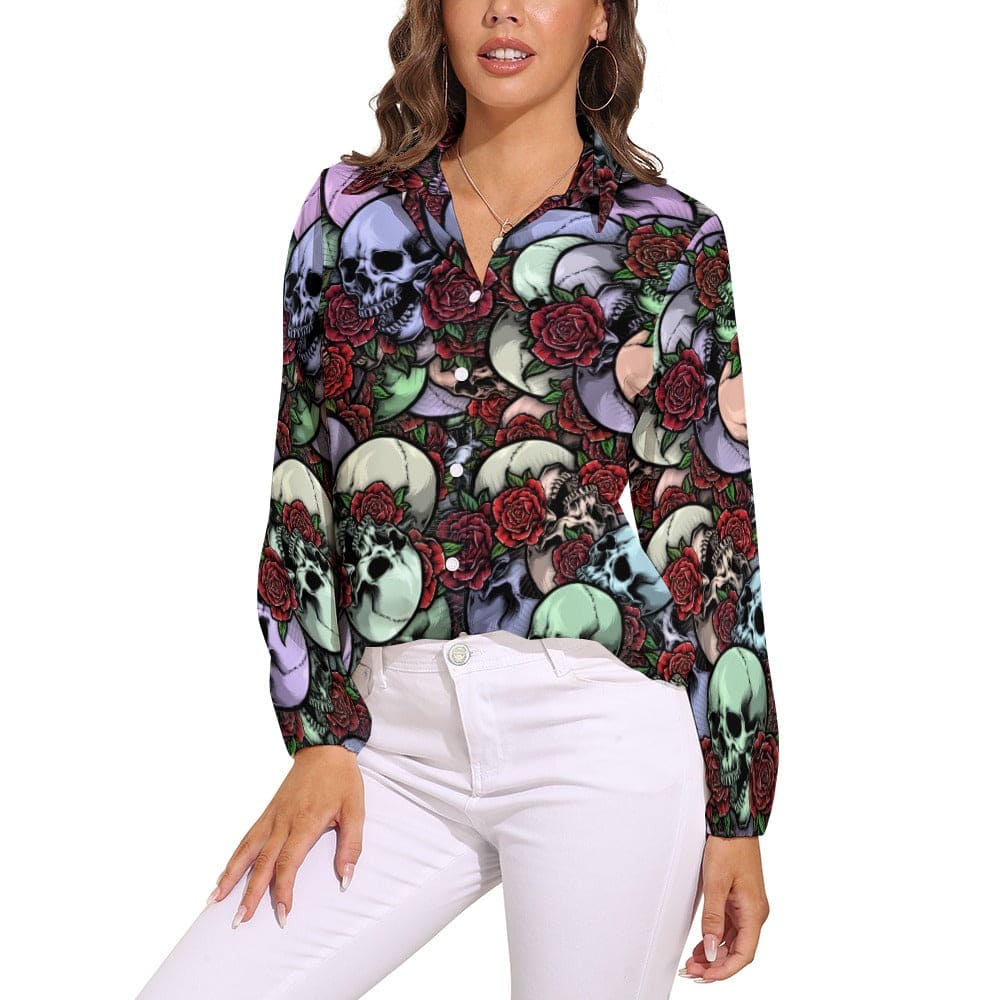 Women's Skull & Red Roses Vintage Casual Long Sleeve Blouse