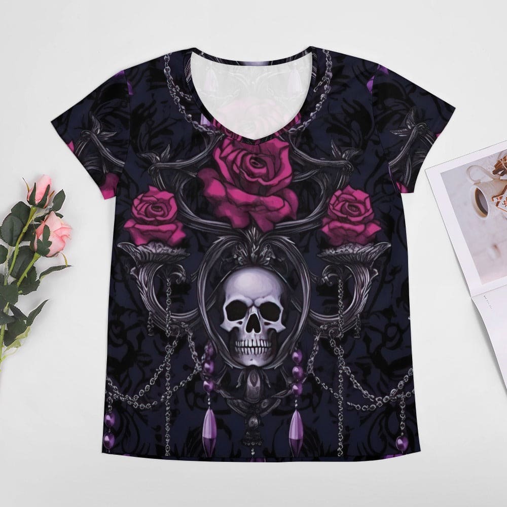 Women's Skull Roses V-neck Short Sleeve T-shirt – Everything Skull
