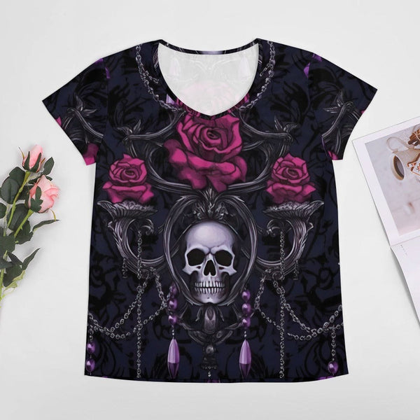 Women's Skull Roses V-neck Short Sleeve T-shirt