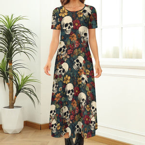 Skulls With Fall Flowers Round Neck Short Sleeve Maxi Dress