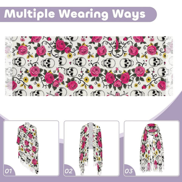 Skull Floral Vines Tassel Scarf