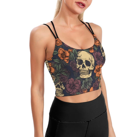 Skull Brown Floral Cute Cropped Yoga Sports Bra For Women