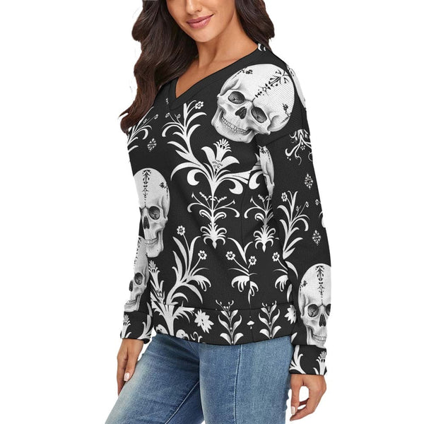 Women's V-Neck Skull Style Long Sleeve Sweater