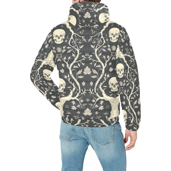 Skull With Leaves And Branches Men's Padded Hooded Jacket