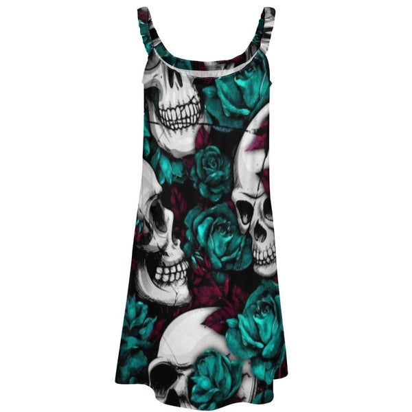 Green Roses And Skulls Strappy Dress