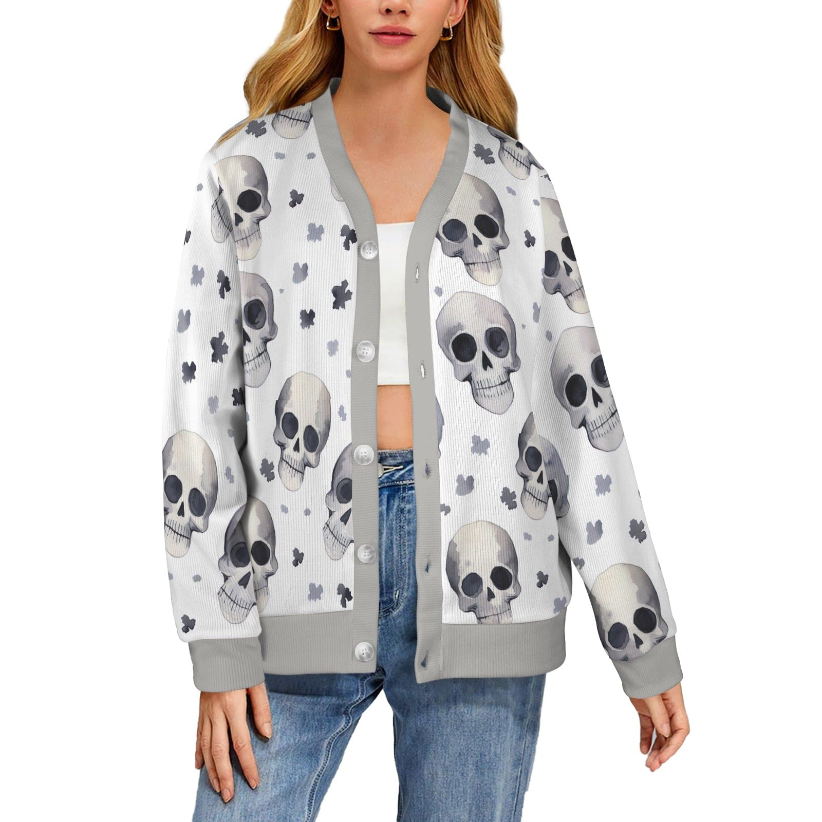 Greyscale Skulls Women's Ribbed Cardigan Sweater