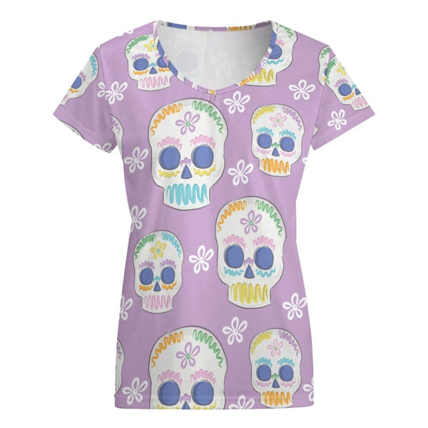 Purple Skull Flower V-neck Short Sleeve T-shirt