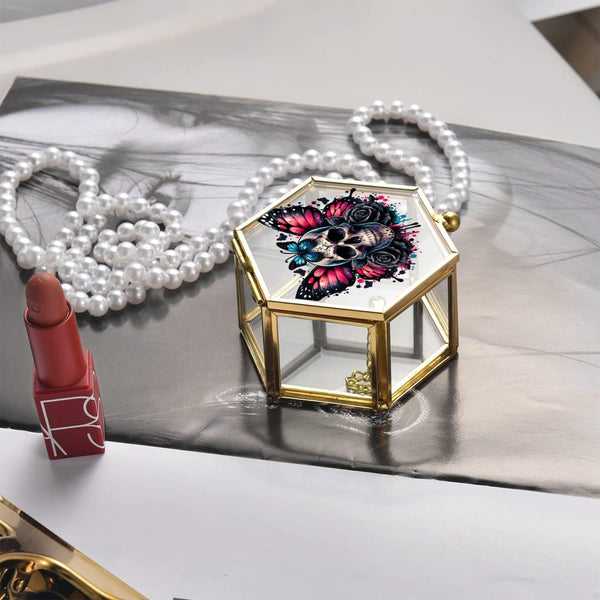 Gothic Butterfly Skulls Hexagon Glass Jewelry Box