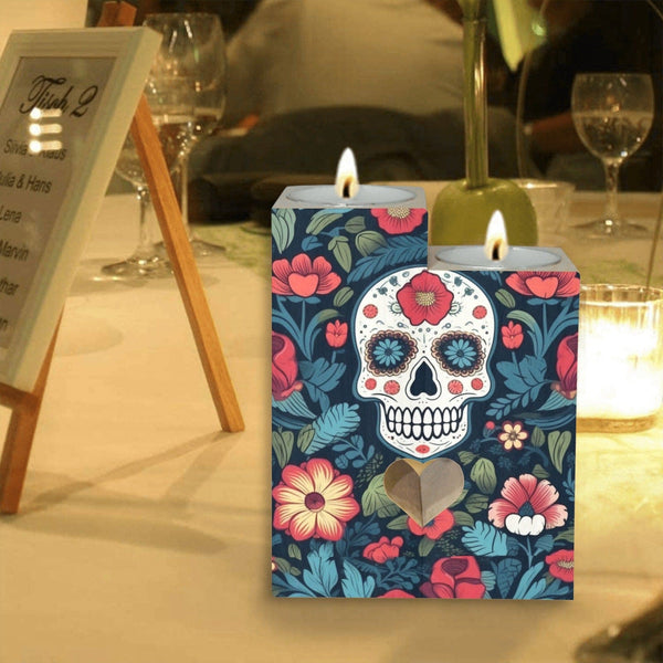 Blue Red Skulls Wooden Candle Holder