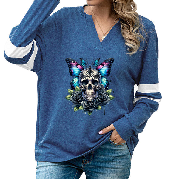 Gothic Butterfly Skulls Long Sleeve Top For Women