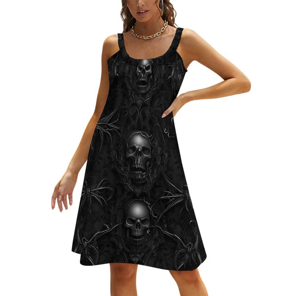 Women's Black Skulls Wide Straps Knee Length Dress