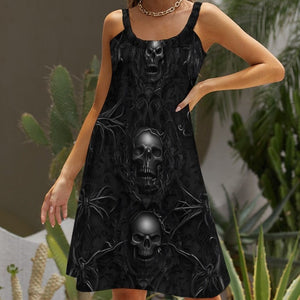 Women's Black Skulls Wide Straps Knee Length Dress