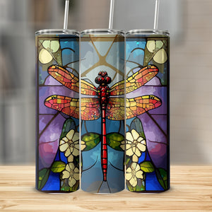 dragonfly with flowers on stained glass Stainless Steel 20oz Tumbler skull